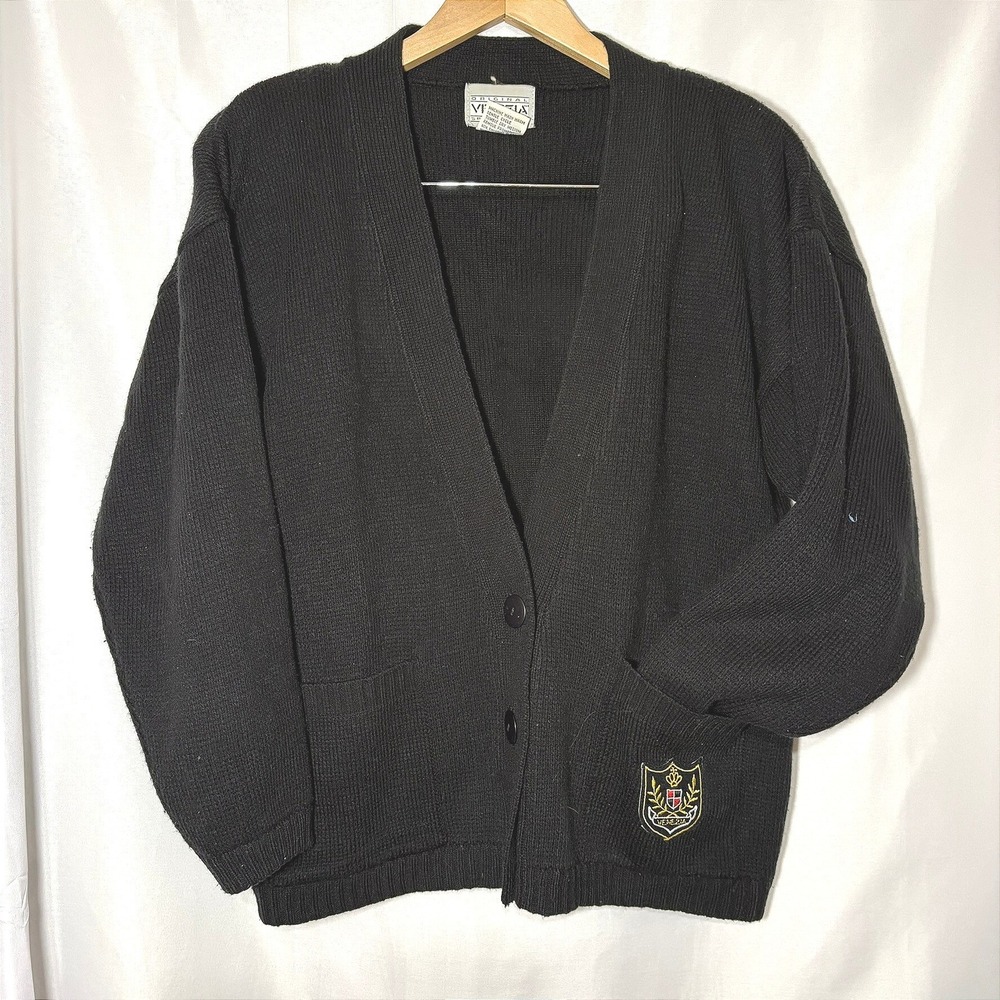 Vintage Venezia Sportswear Black Heavy Knit Cardigan Sweater Crest Patch‎ 14/16